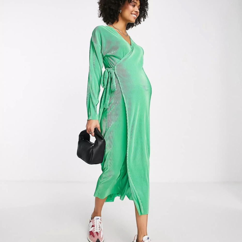 Topshop Maternity Dress Plisse Wrap Dress In green Two Toned Size S